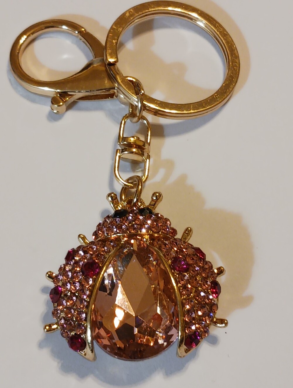 NWOT Pink Rhinestone Ladybug Bag Charm, Goldtone Key Chain